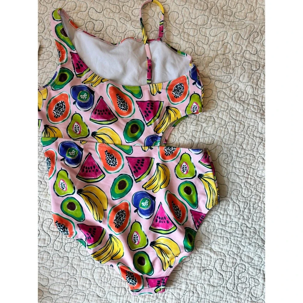 Andy & Evan Girls Pink Tropical Fruit Print One Shoulder Cutout Swimsuit XL 16